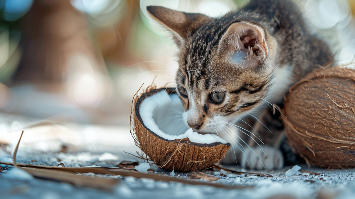 a cute cat eating coconut