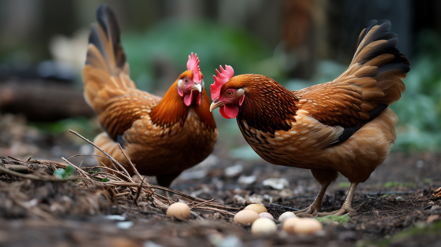 two chickens looking for something to eat