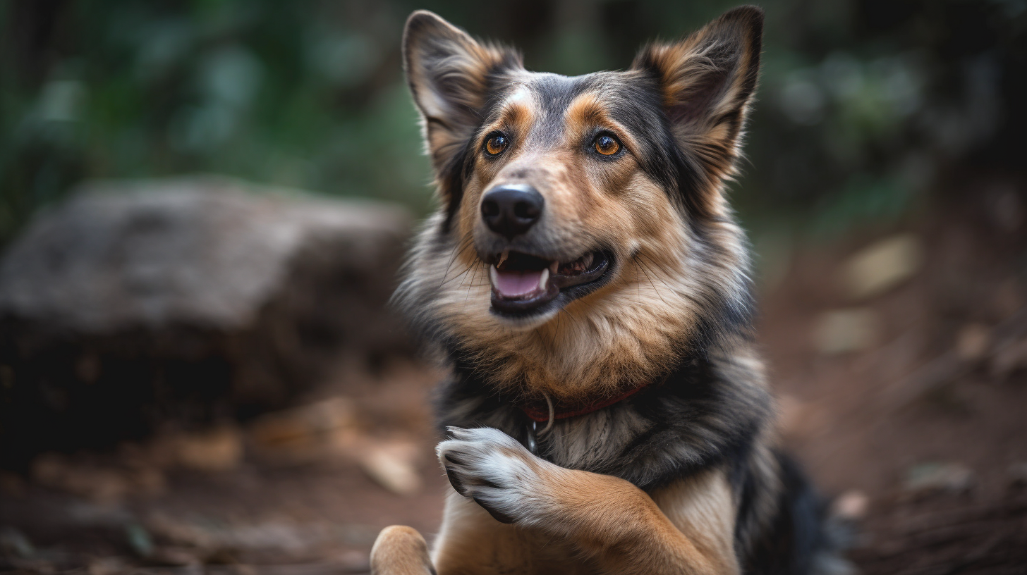 A dog with its own paw in its mouth