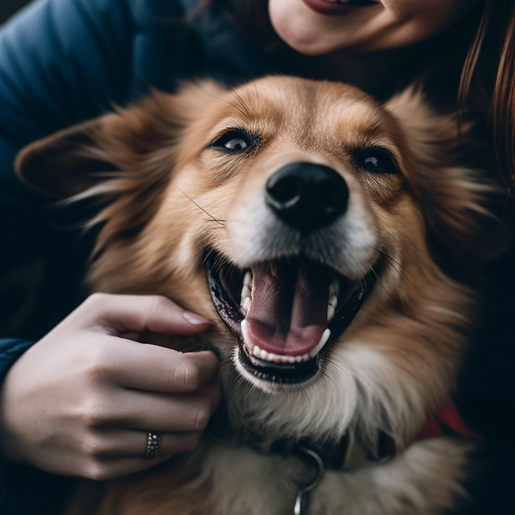 A cute dog sticking his tongue out and smiling whilst being petted