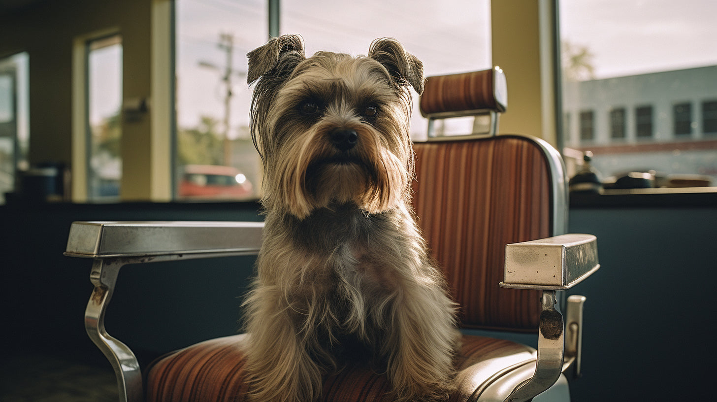 a dog sitting in a barbers chair