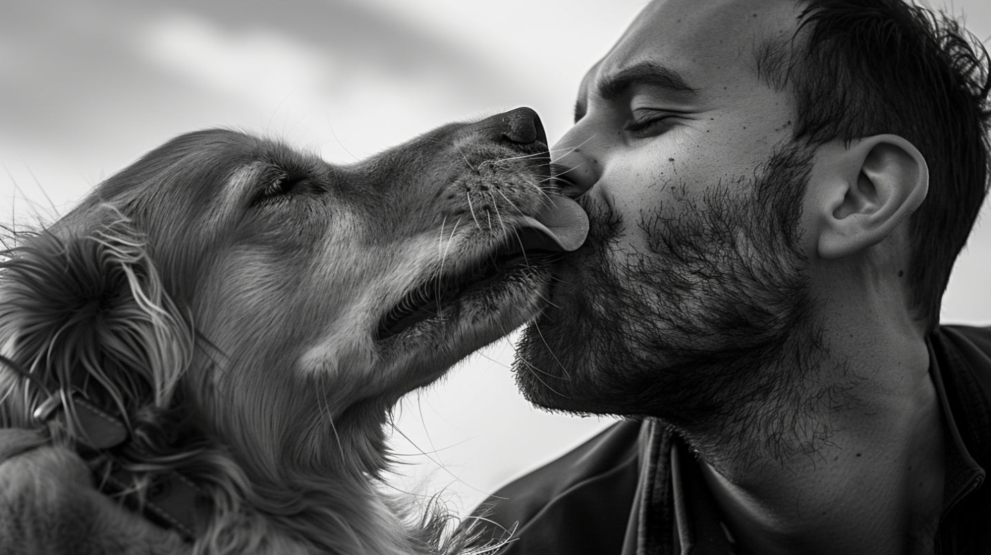 a dog with its tongue out licking its owner