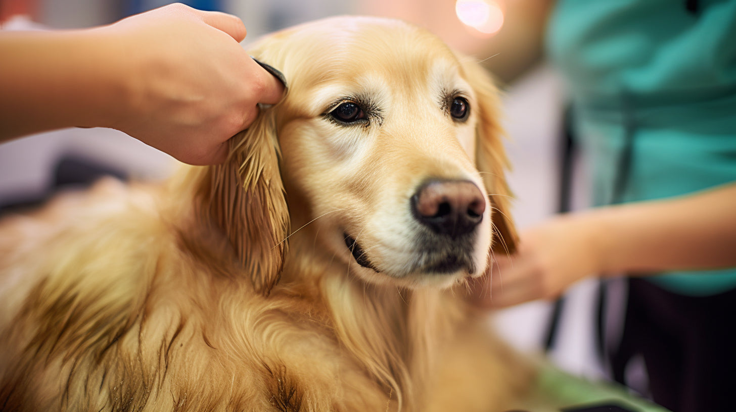 A gorgeous golden retriever being groomed