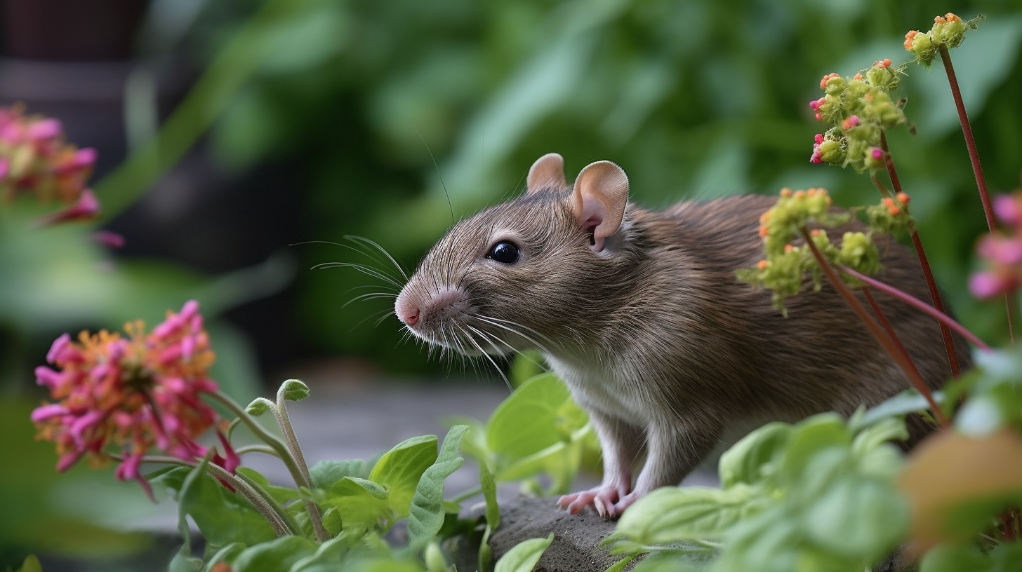 a rat surrounded by colourful flowers in a beautiful garden