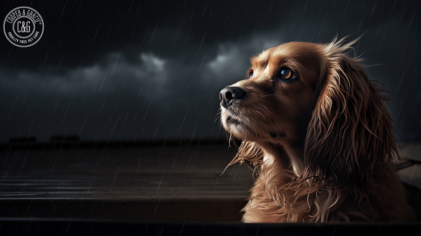 A dog overlooking a stormy sky featuring the Cooper and Gracie logo