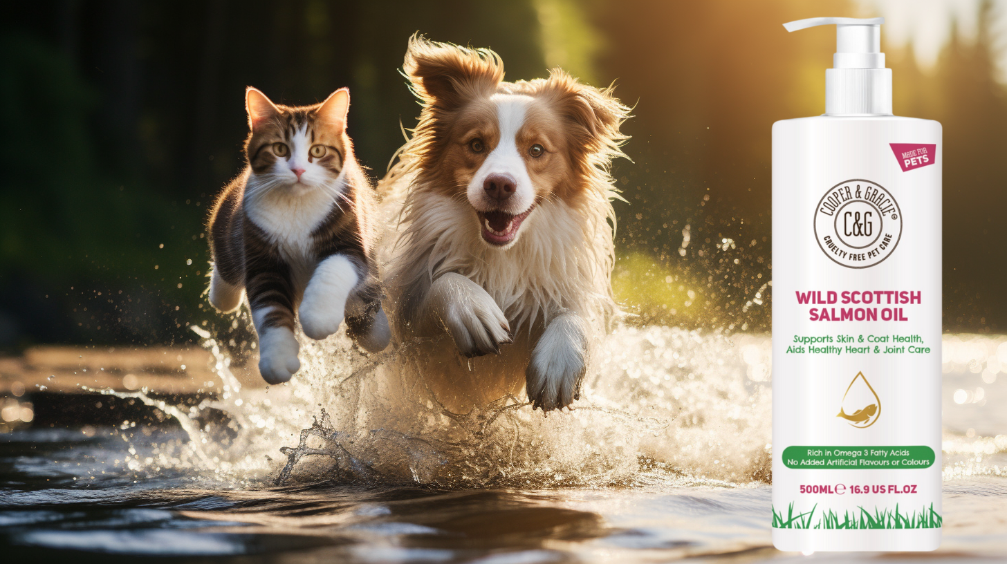 a cat and a dog leaping in water towards Cooper & Gracie's Wild Scottish Salmon Oil