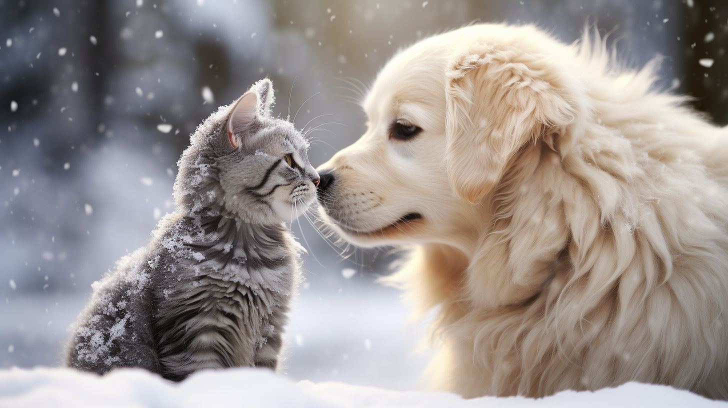 a cat and a dog playing happily in the snow
