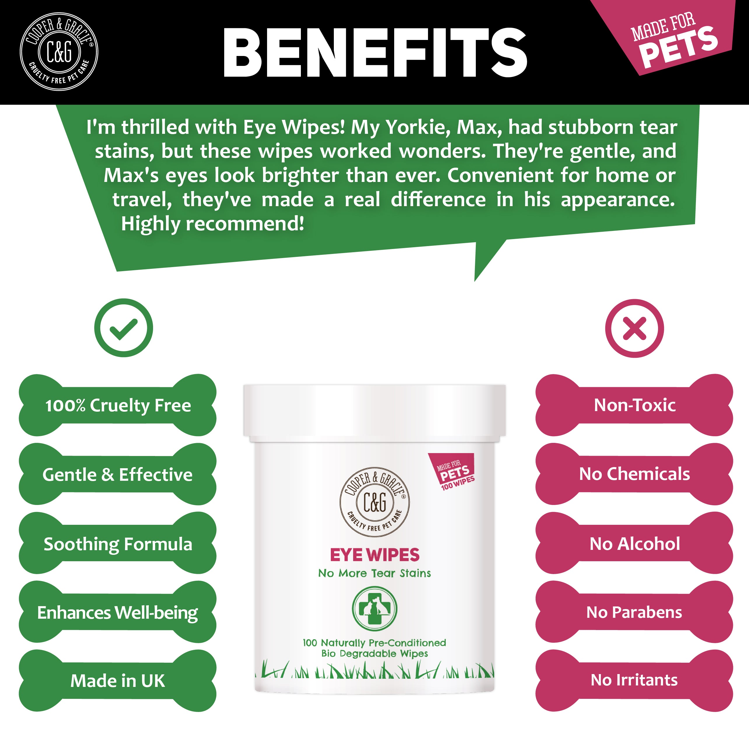 Dog Eye Wipes - 100 Biodegradable Pre-soaked Textured Wipes