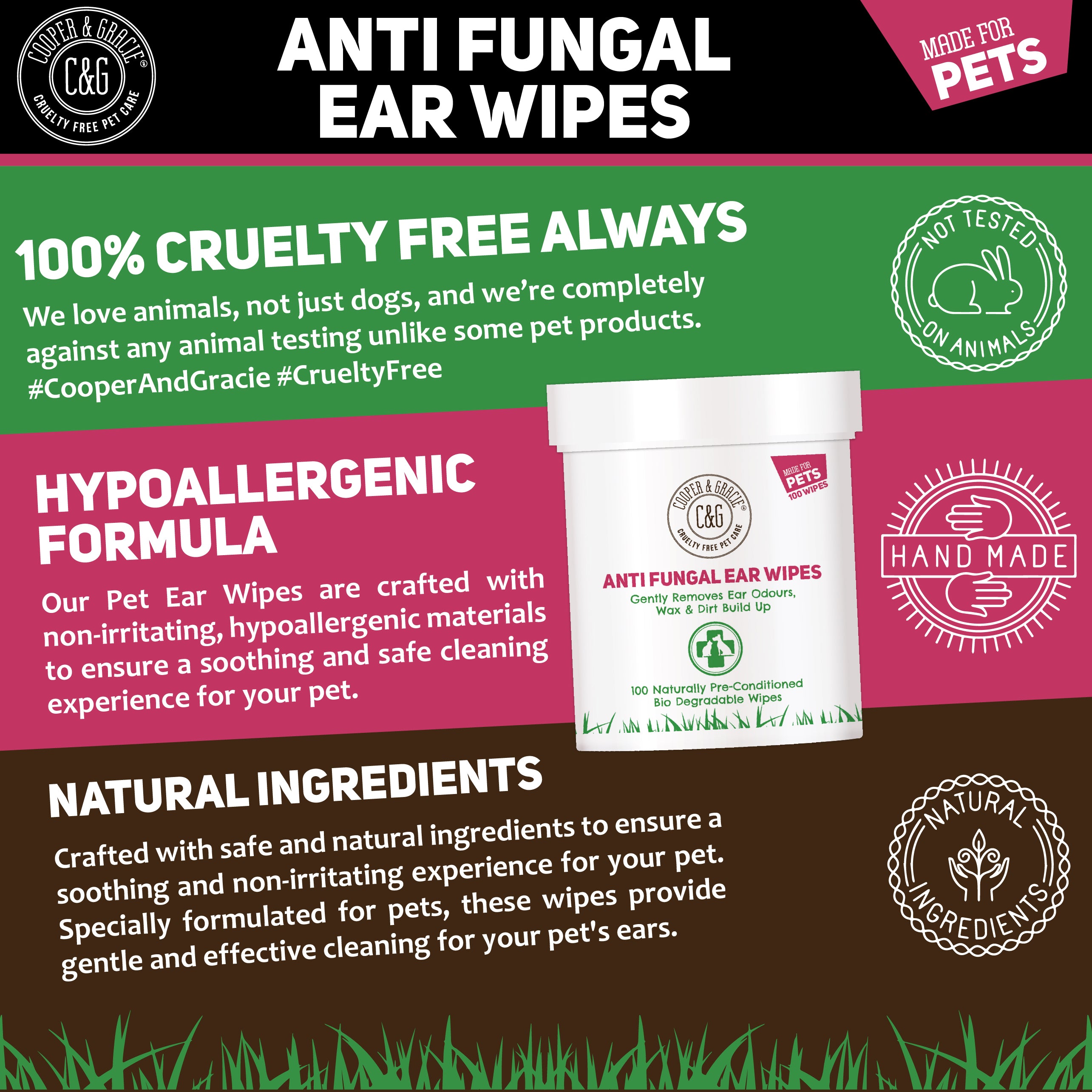 Anti Fungal Dog Ear Wipes - 100 Soothing Biodegradable Pet Ear Cleaning Wipes