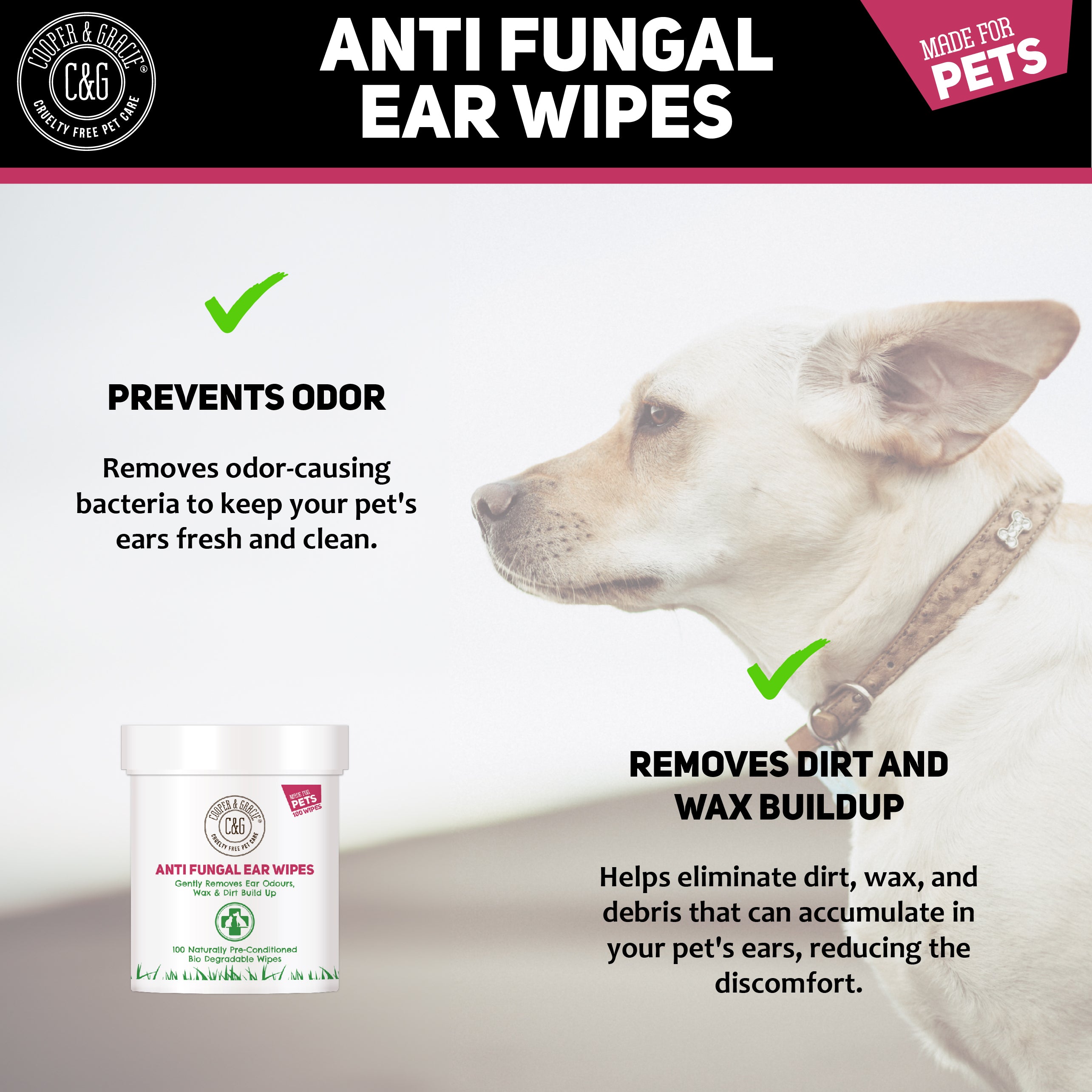 Anti Fungal Dog Ear Wipes - 100 Soothing Biodegradable Pet Ear Cleaning Wipes